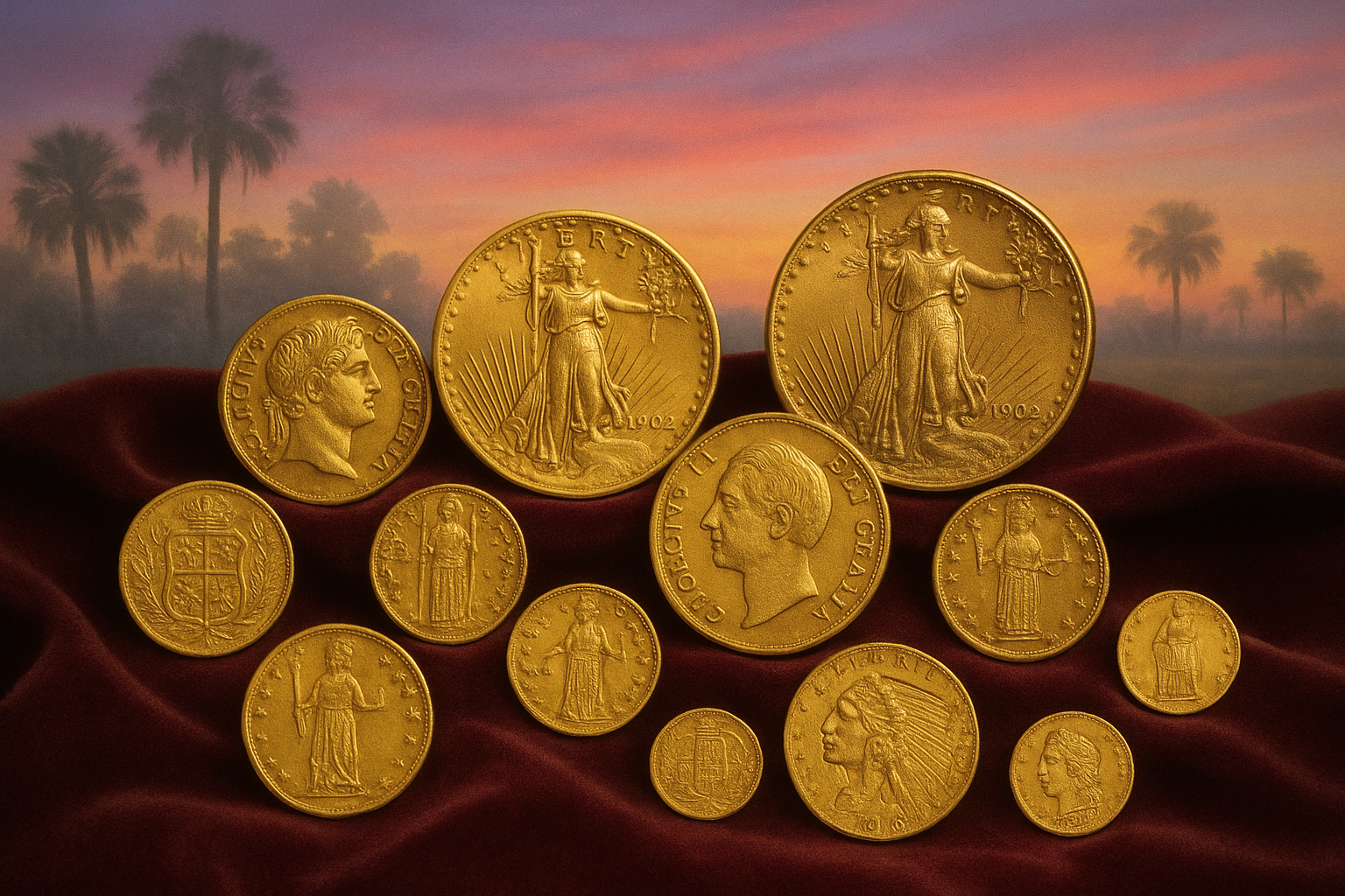 Display of diverse rare gold coins from various eras, highlighting Osceola County's curated collection.