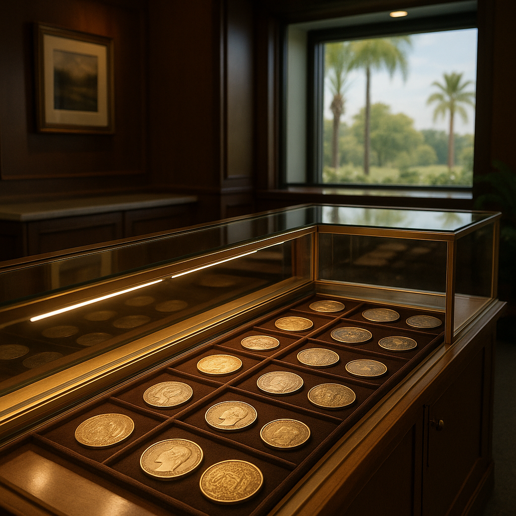 Elegant display case filled with valuable coins available for purchase at Osceola County's leading rare coin shop.
