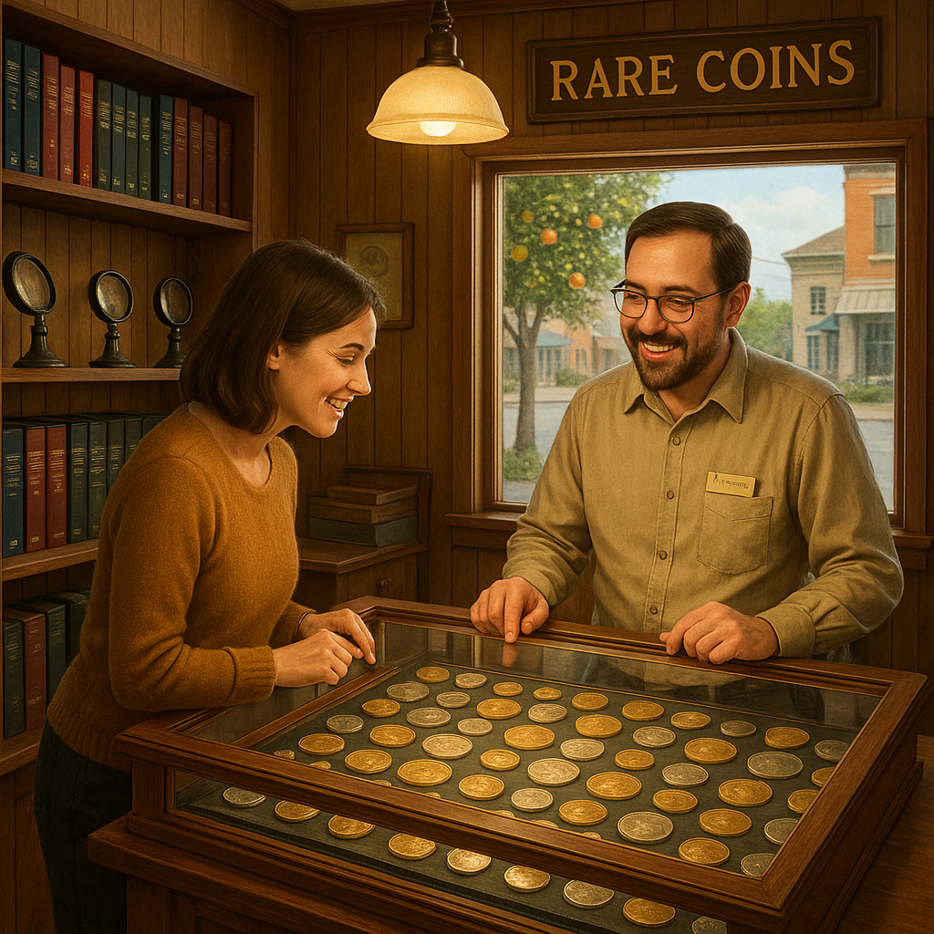 Customer browsing a diverse collection of rare and valuable coins with friendly shop assistance.