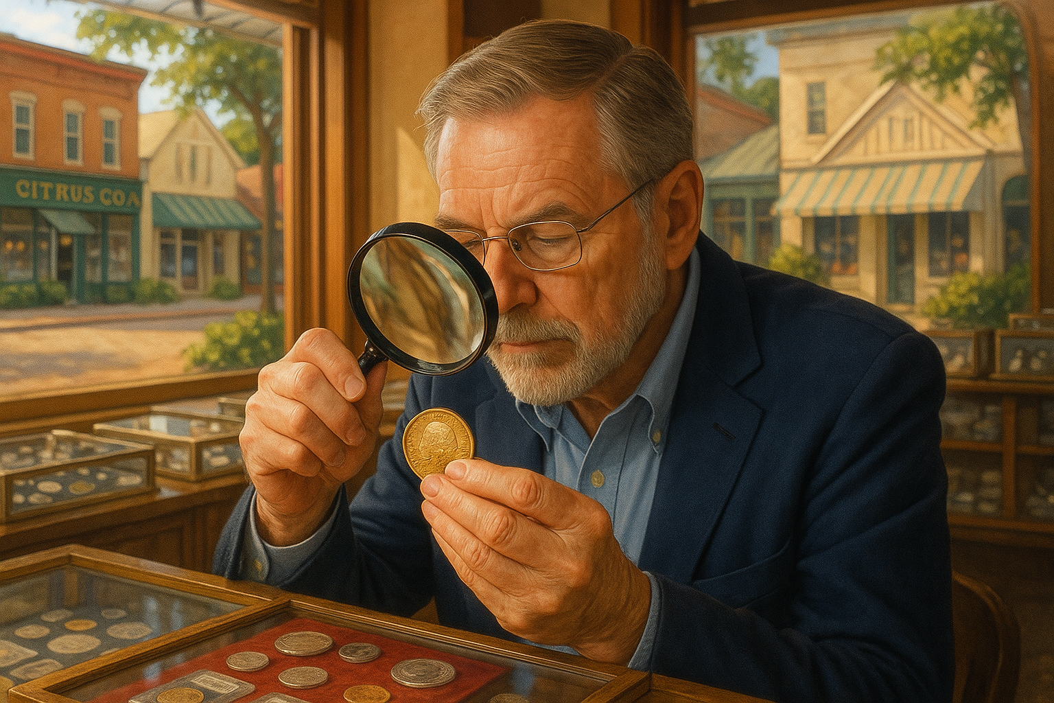 Expert appraiser examining a rare collectible coin, ensuring authenticity and value.