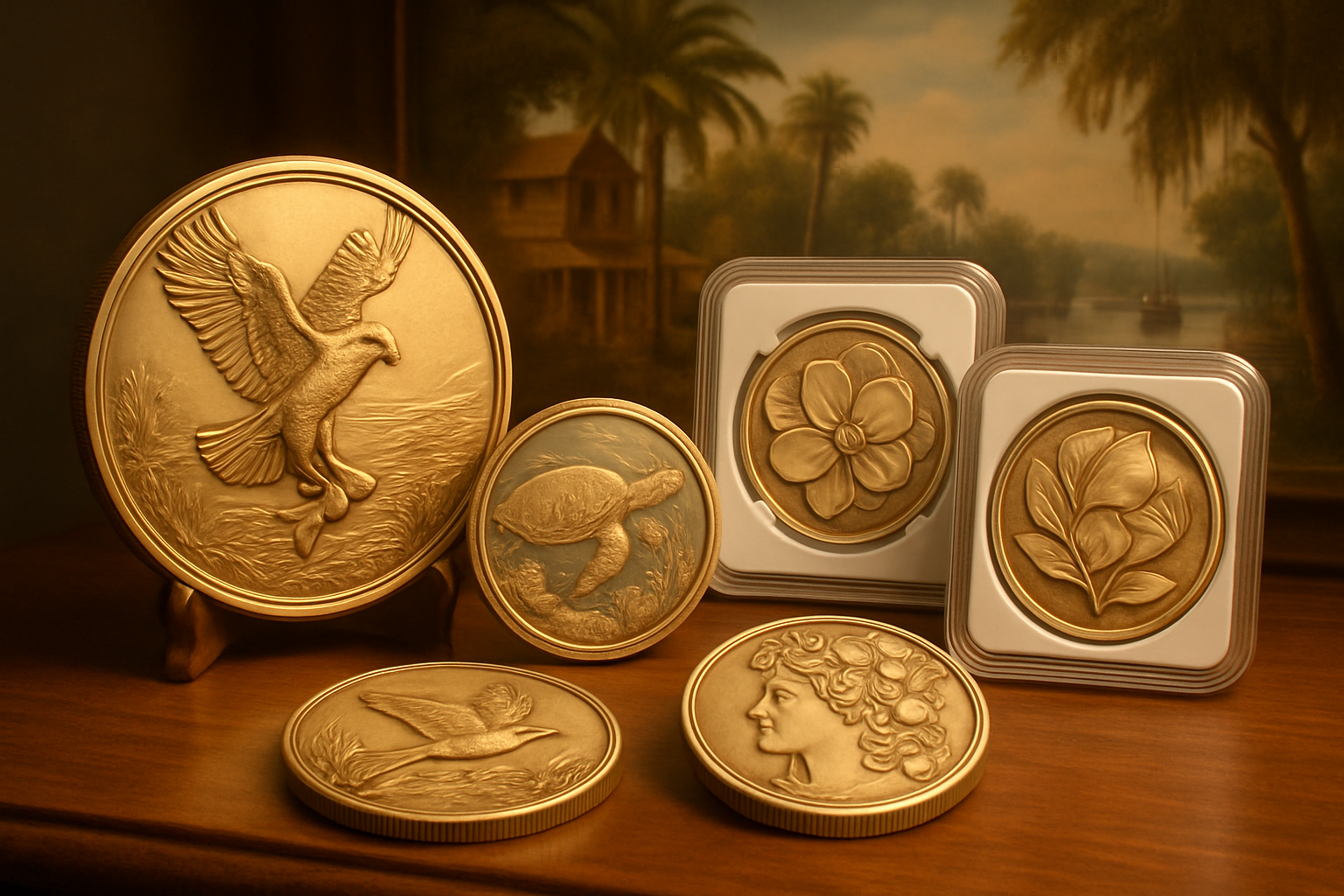 A beautifully arranged showcase of collectible coins highlighting unique designs and craftsmanship.