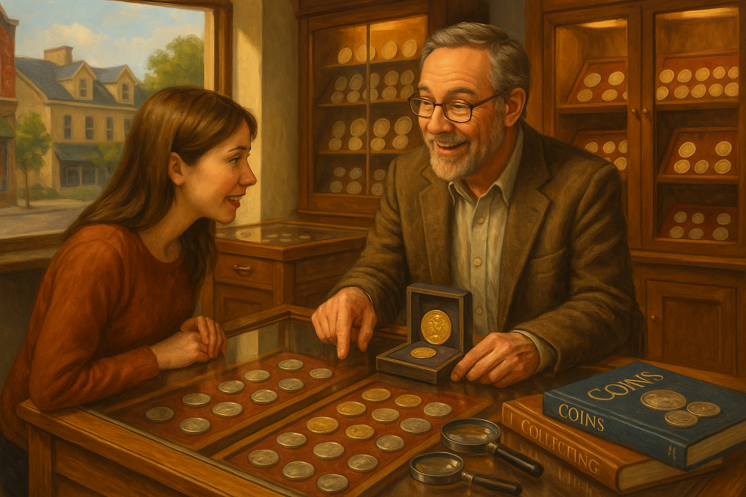 A friendly expert providing guidance to a first-time coin buyer, exemplifying personalized service and knowledge at Baker County's coin shop.