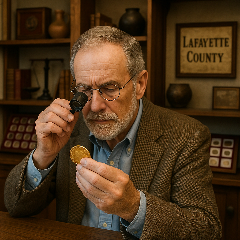 Expert coin appraiser examining a rare coin under magnification at Lafayette County shop