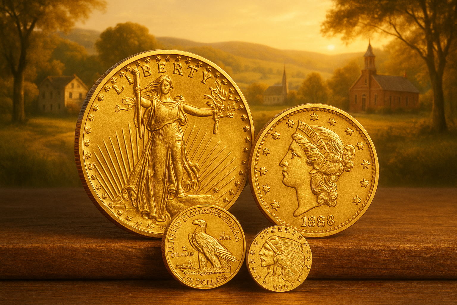 Showcase of rare gold coins from Bradford County's premier coin shop, shining with expert craftsmanship and historical value.