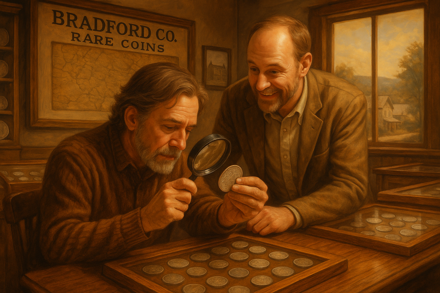 Collector examining an exquisite ancient silver coin with expert guidance at Bradford County's trusted rare coin shop.