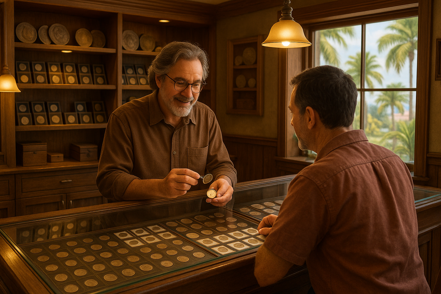 Customer receiving expert coin appraisal at Monroe County's trusted rare coin shop in Florida.