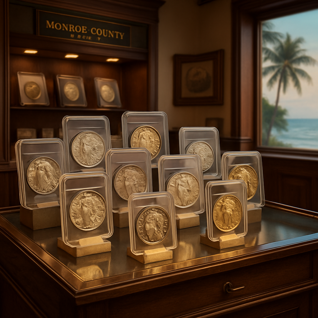 Display of valuable collectible coins available at Monroe County's exclusive rare coin shop.