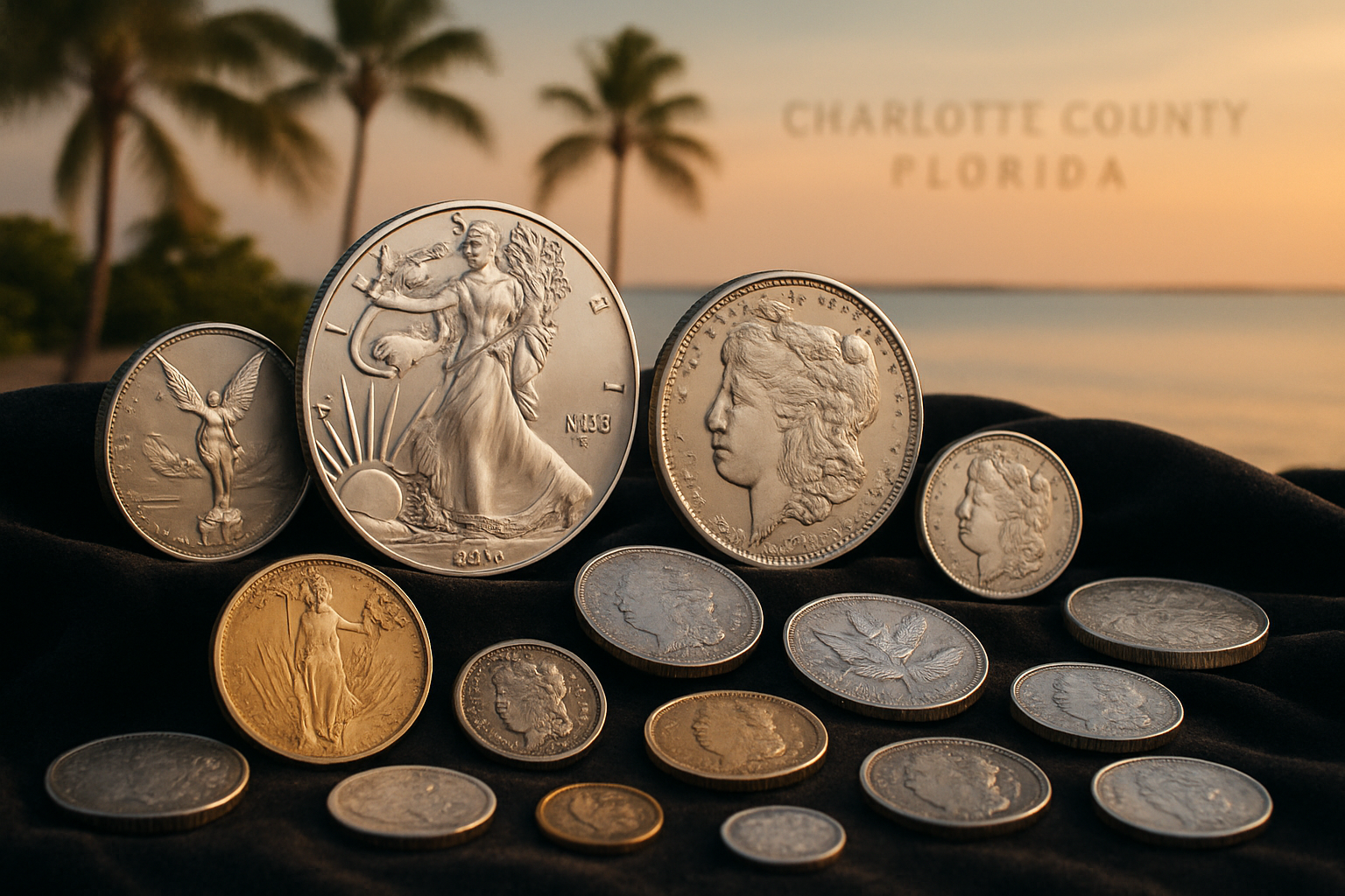 Display of assorted silver and collectible coins highlighting the variety available at Charlotte County Rare Coins.
