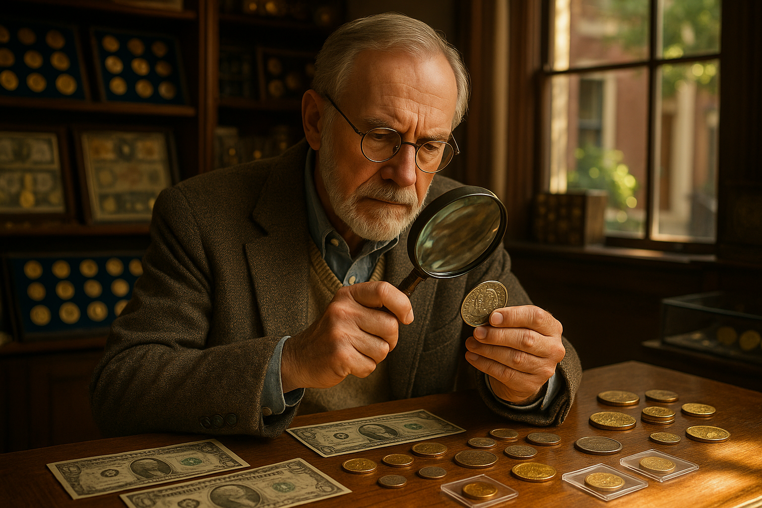 Expert numismatist examining vintage currency, representing trusted service and expertise in rare and valuable coins.
