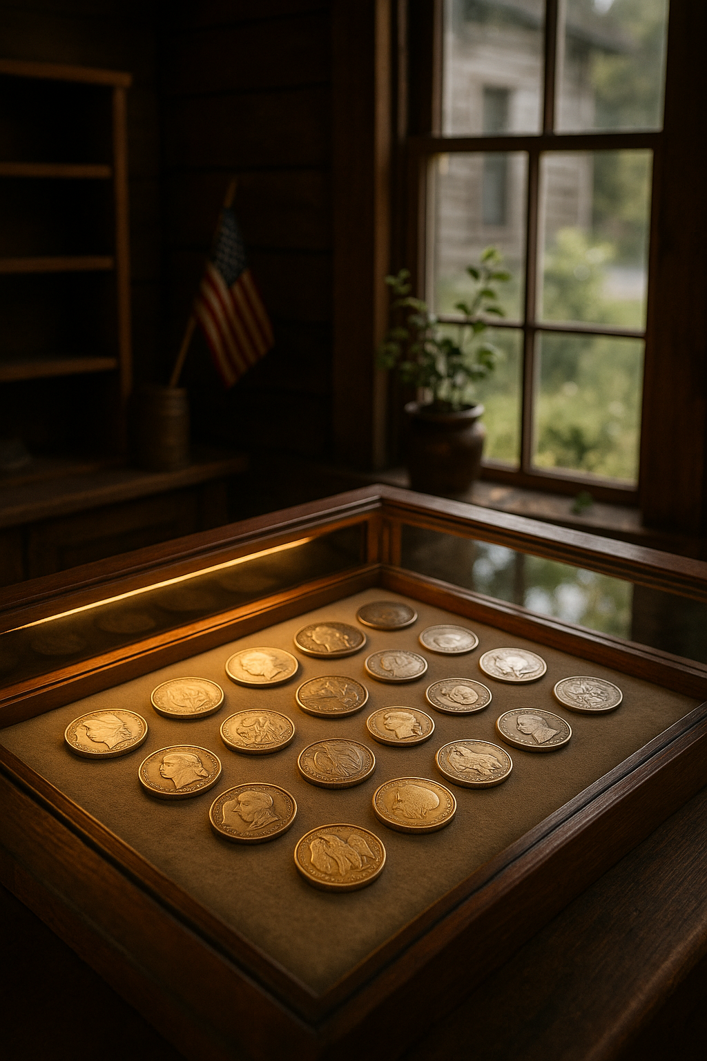Display case filled with a diverse collection of historic and valuable coins at Gilchrist County's trusted coin shop.