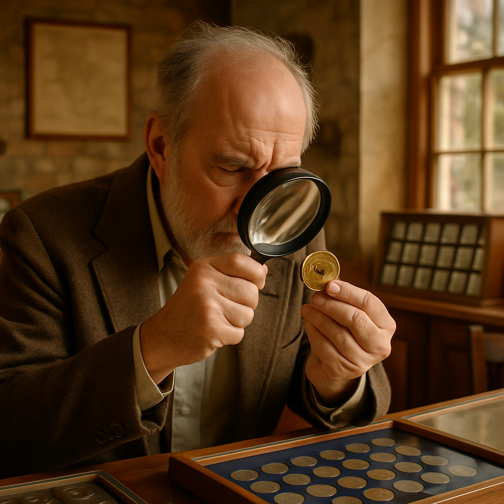 Experienced appraiser examining a rare coin under magnification, ensuring expert evaluation and trust.