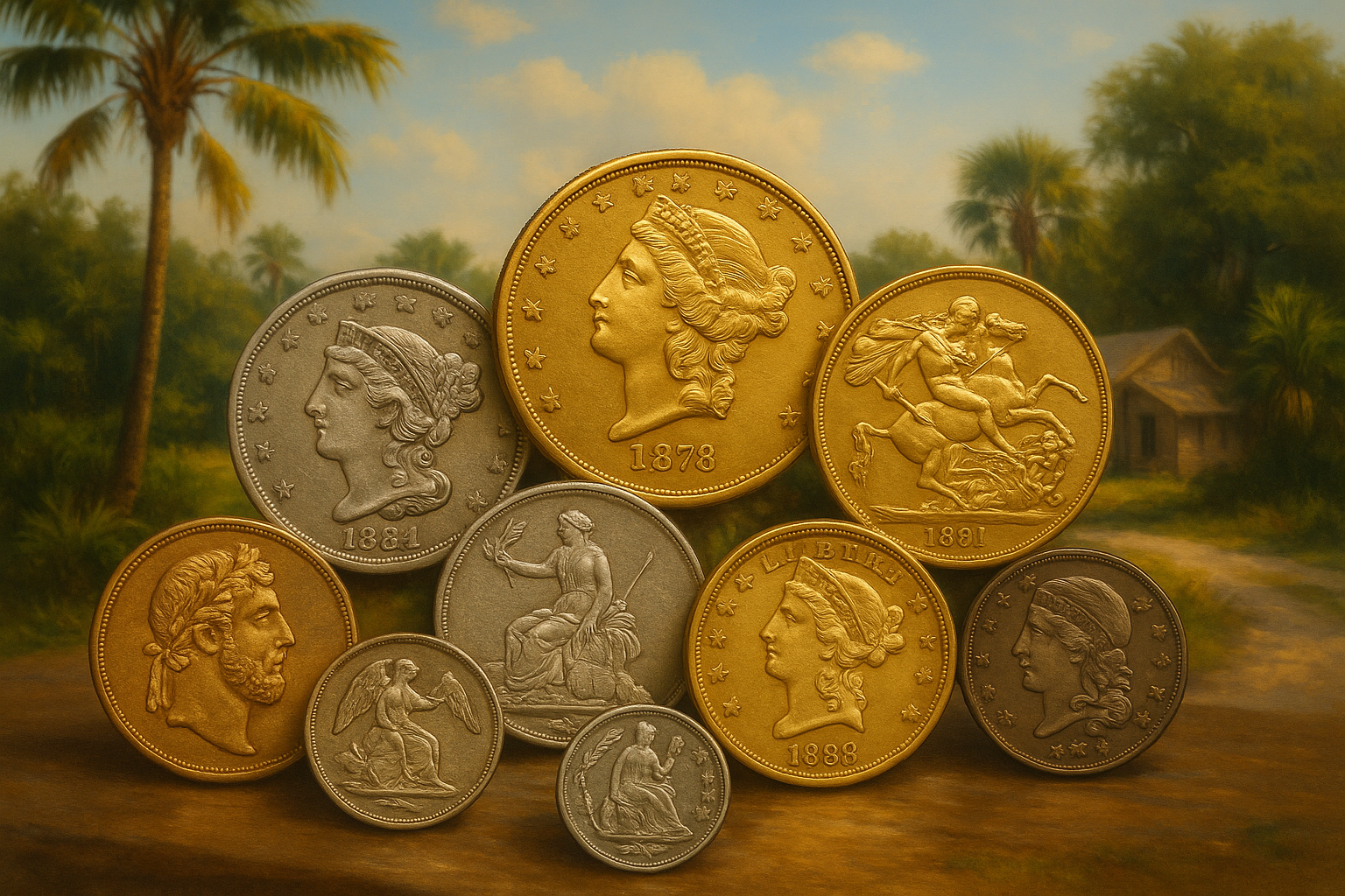 Display of diverse rare coins showcasing unique designs for collectors of all levels in Hendry County, Florida.
