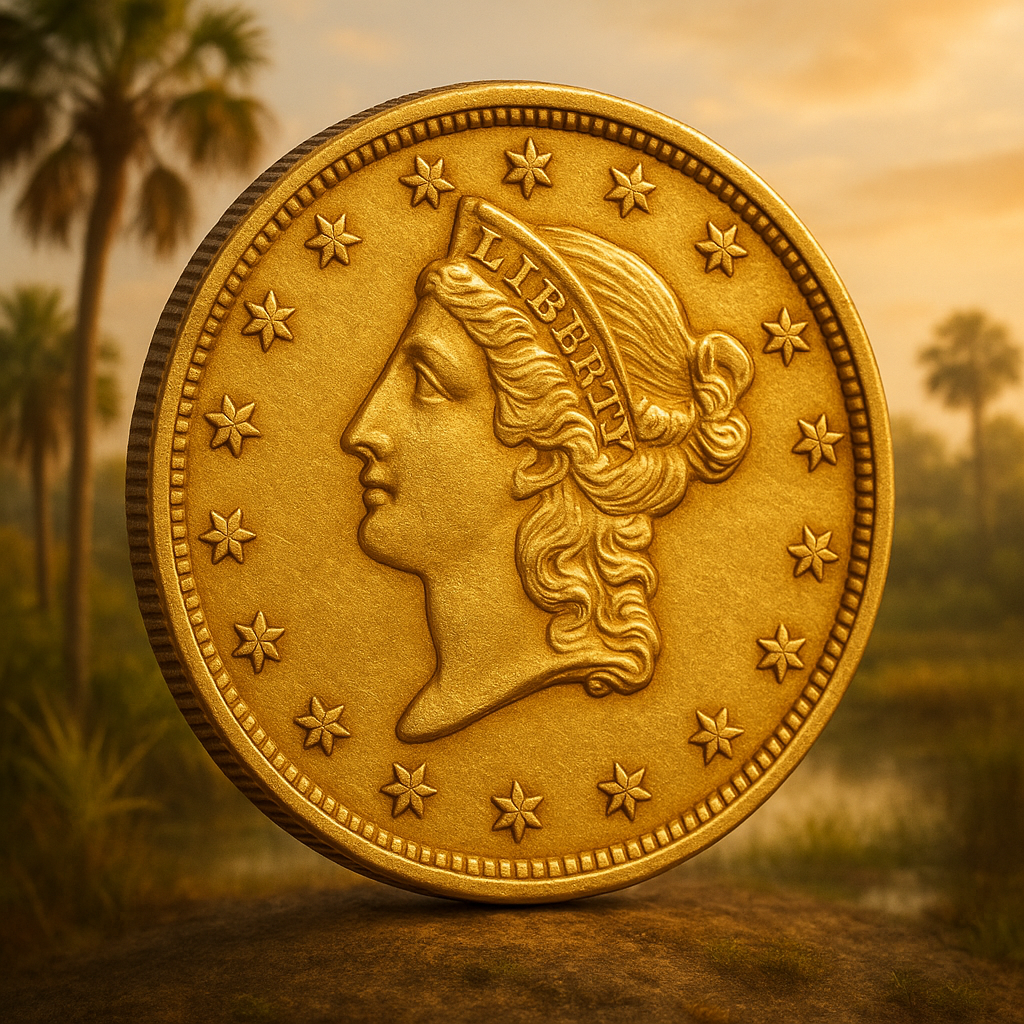 Close-up of a rare gold coin highlighting intricate details and craftsmanship in Hendry County coin collection.