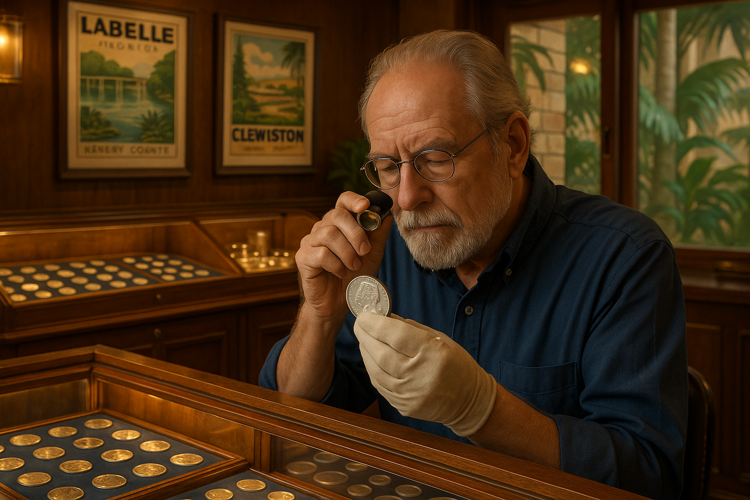 Experienced coin expert appraising a valuable silver coin in a warm, welcoming rare coin shop environment.