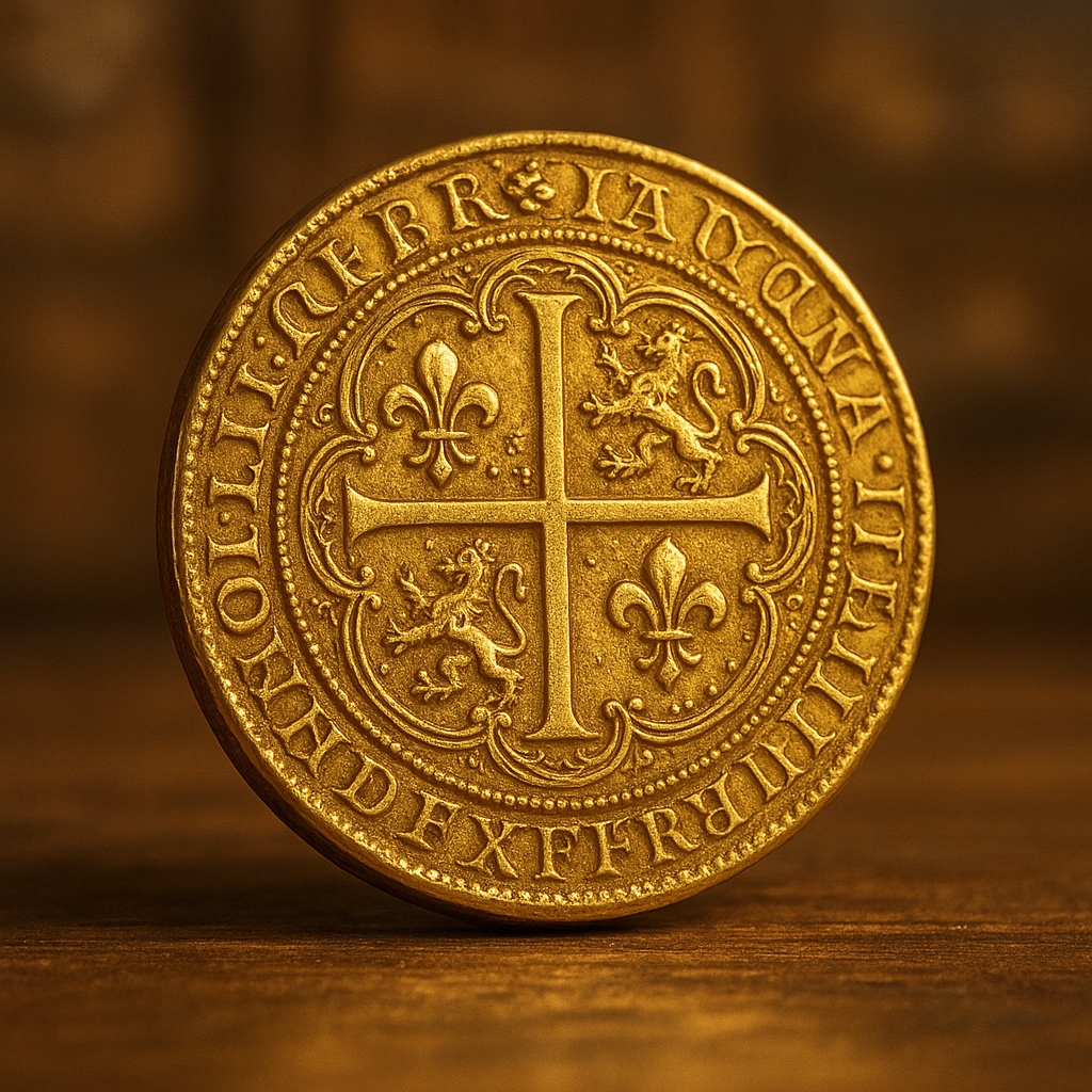 Close-up of a rare, gleaming gold coin showcasing intricate historic engravings, symbolizing exceptional collectible treasures.