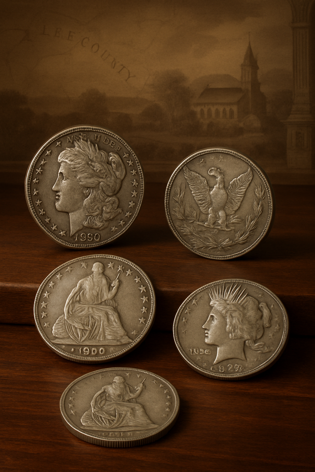 Elegant arrangement of vintage silver coins representing the rich heritage and quality of Lee County's trusted coin shop collection.