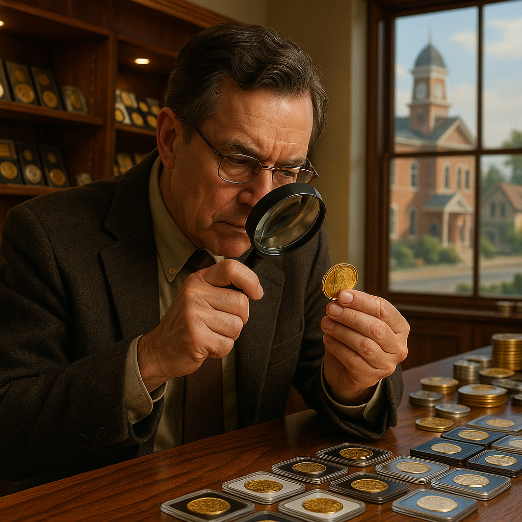 Expert appraiser examining a rare coin with a magnifying glass, highlighting professional valuation services at Lee County's coin shop.