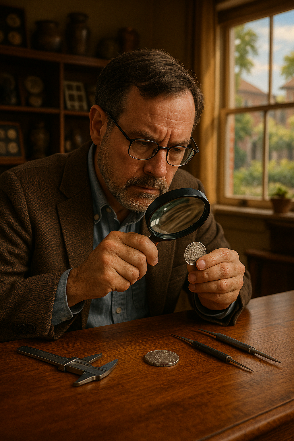 Expert appraiser examining a rare silver coin under magnification with precision tools.