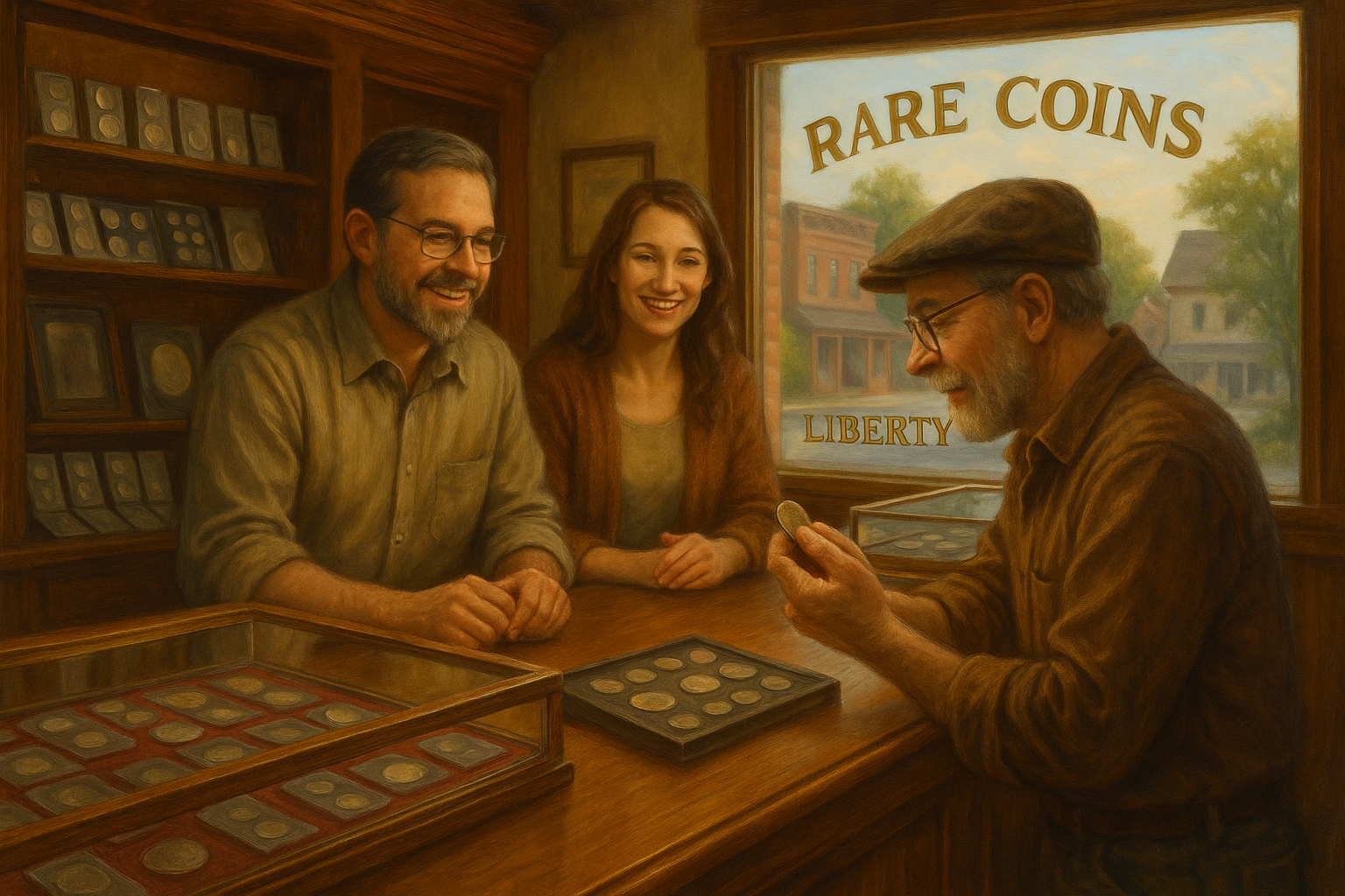 Friendly coin shop staff providing personalized service to a collector, creating a welcoming and knowledgeable atmosphere.