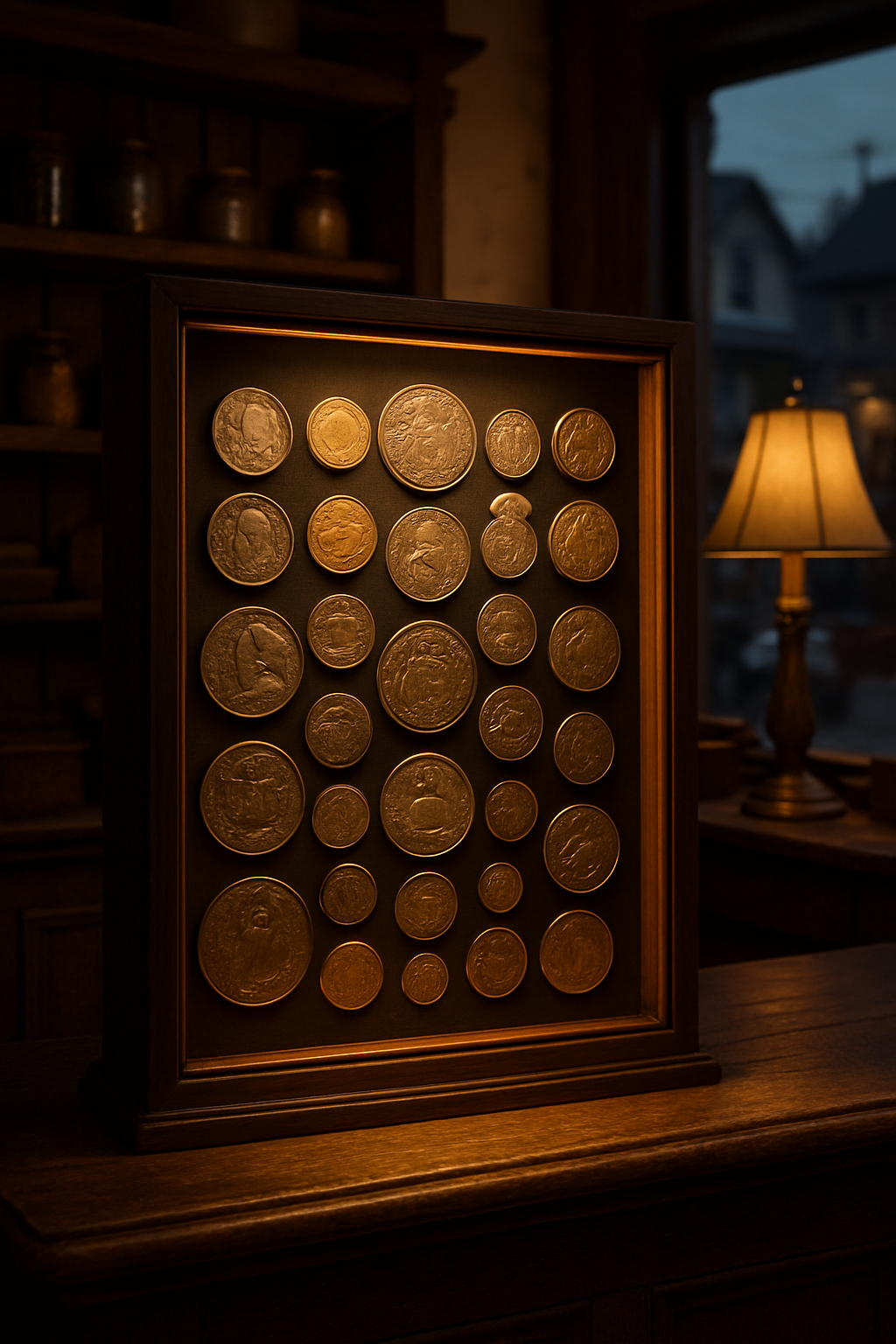 Display case filled with a stunning collection of rare and historic coins, highlighting the unique treasures available.