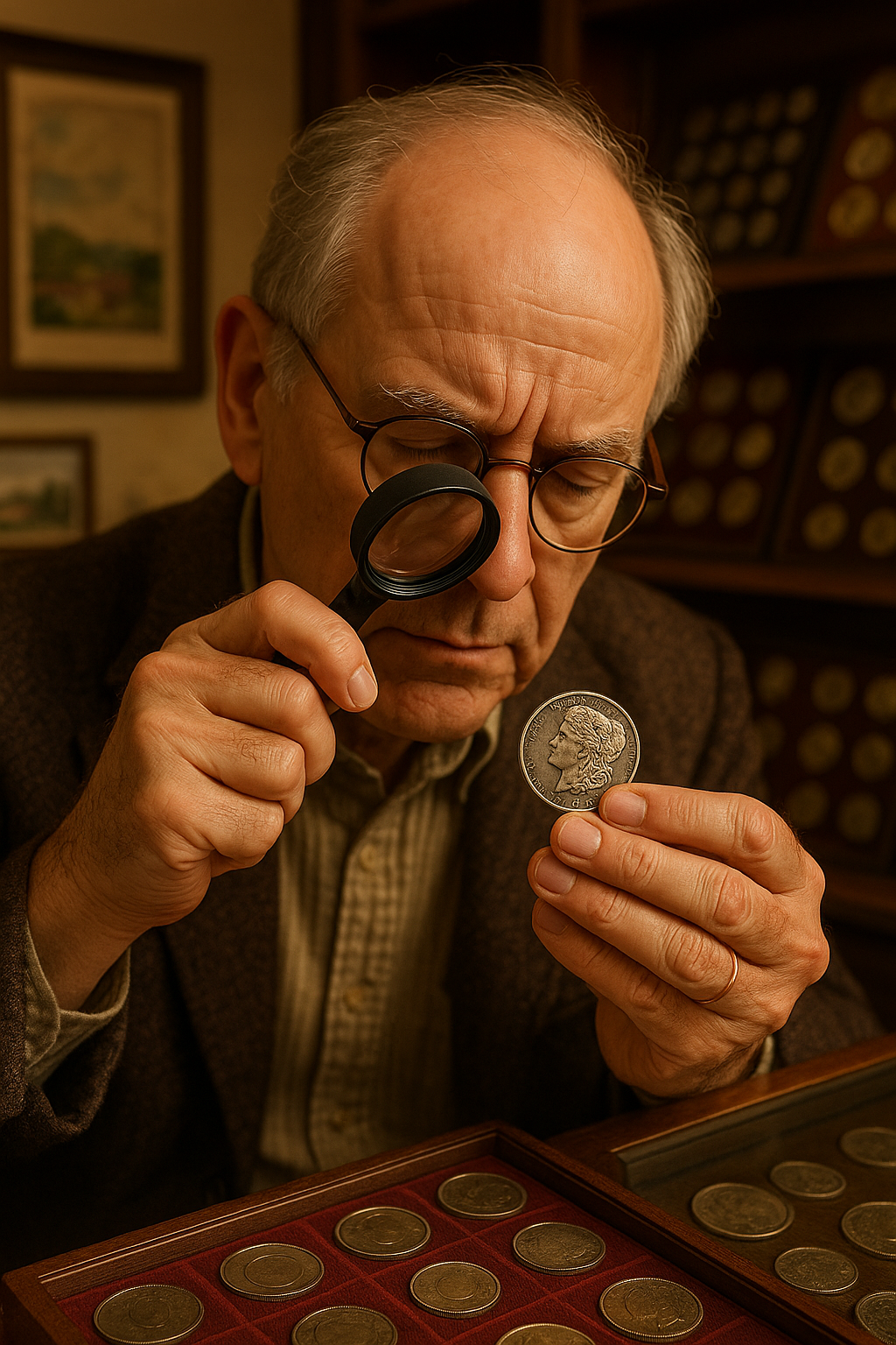 Close-up of an expert appraiser examining a rare coin under a magnifying glass, showcasing precision and care.