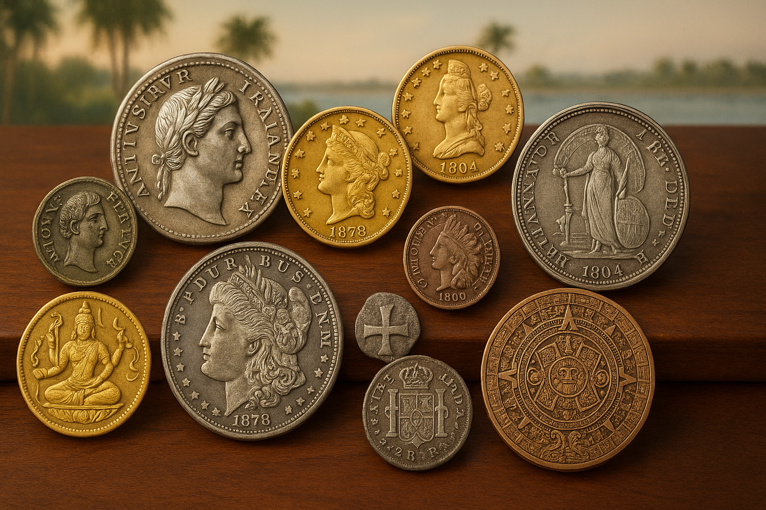 Display of diverse rare coins arranged elegantly, inviting collectors of all levels to explore timeless treasures.