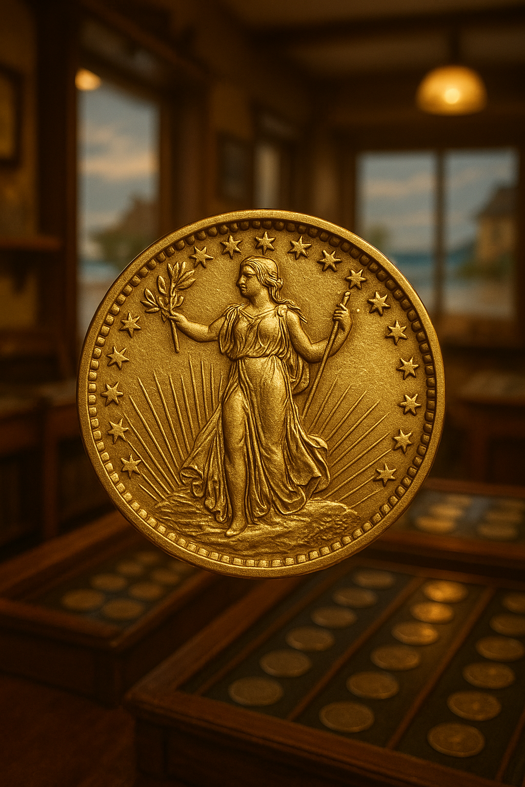 Close-up of a rare, intricately detailed gold coin showcasing its exquisite craftsmanship.