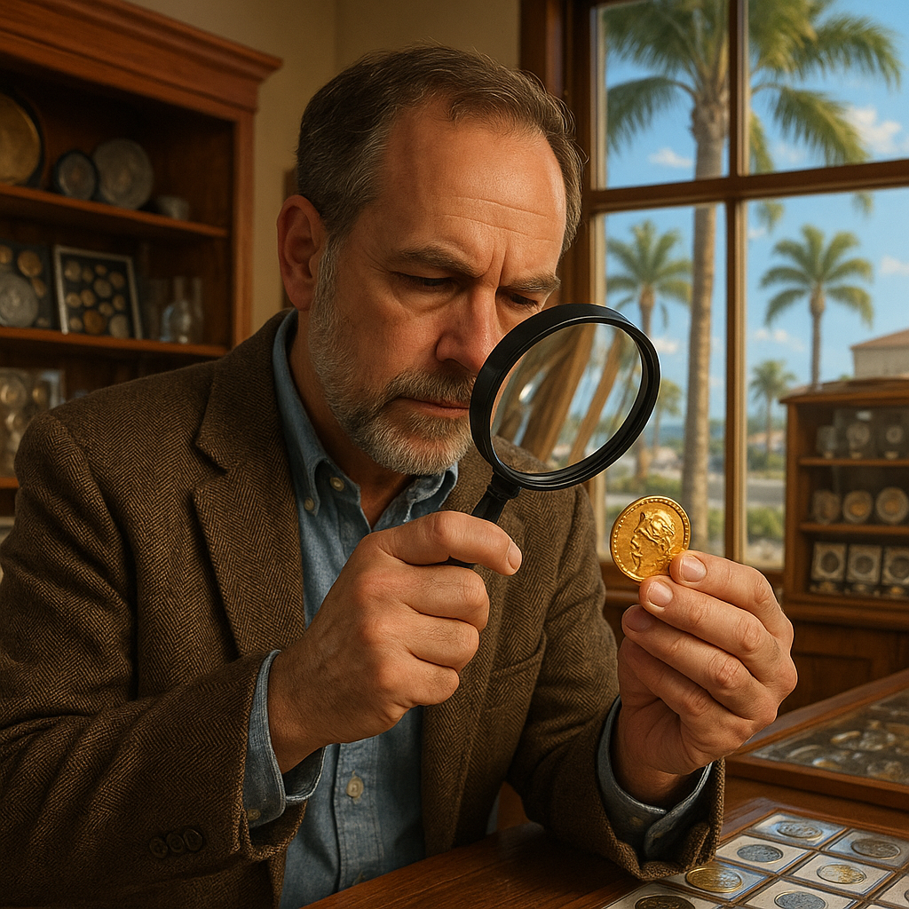 Experienced appraiser examining a rare coin under a magnifying glass in Brevard County coin shop.