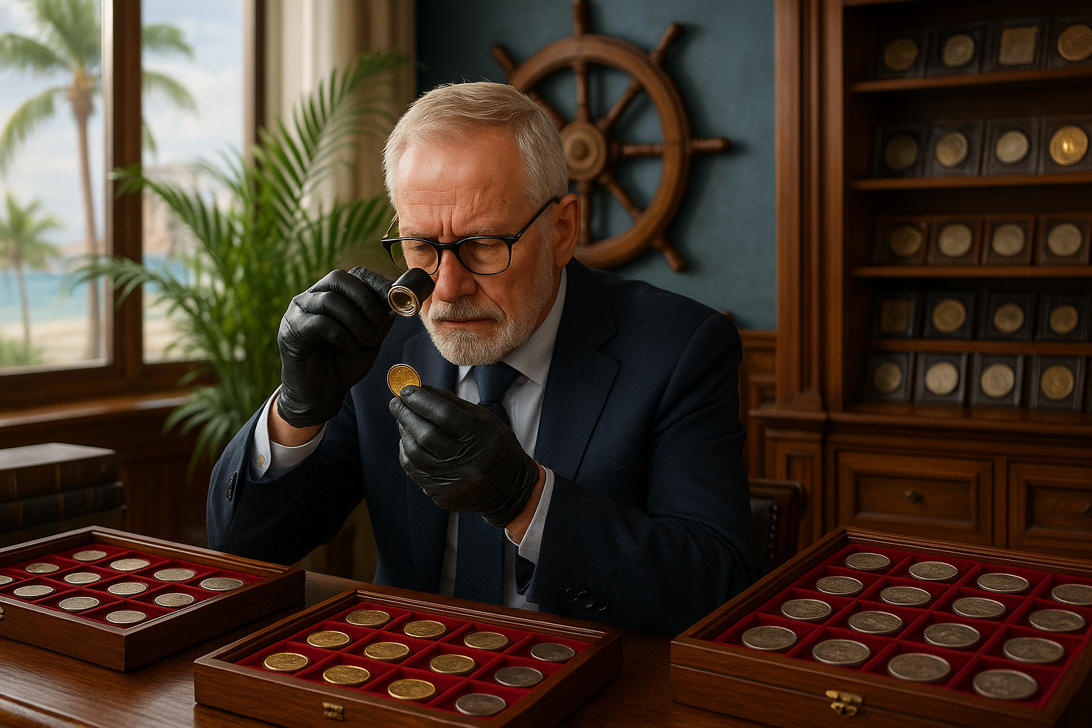 Expert coin appraiser evaluating valuable collectible coins with precision and care.