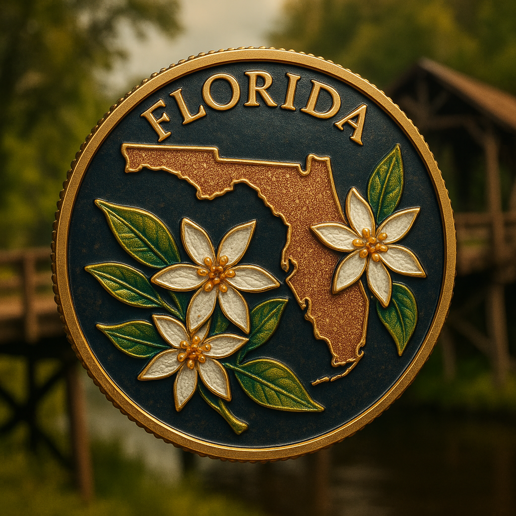 A stunning close-up of a rare Florida commemorative coin showcasing intricate details and vibrant finishes.