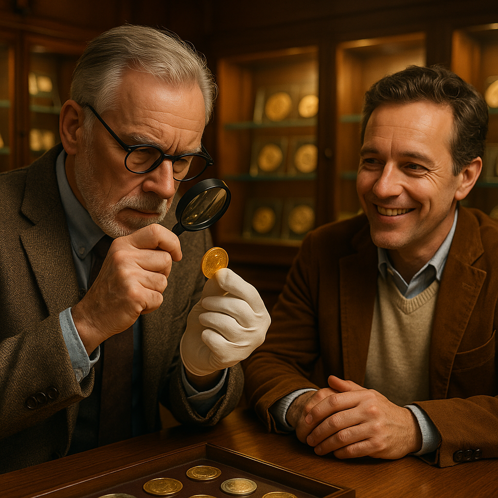 Experienced coin expert appraising a valuable gold coin for a satisfied collector.