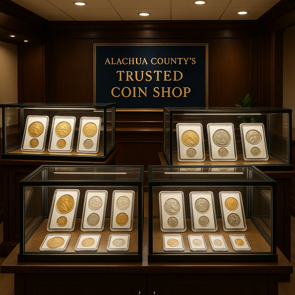 Assorted rare coins displayed in illuminated cases at Alachua County's trusted coin shop.