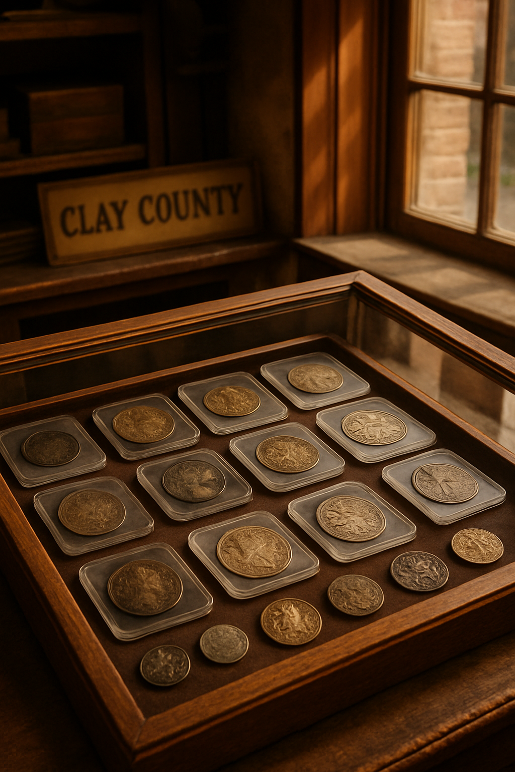 Display case featuring authentic collectible coins from various historical eras at Clay County's premier coin shop.