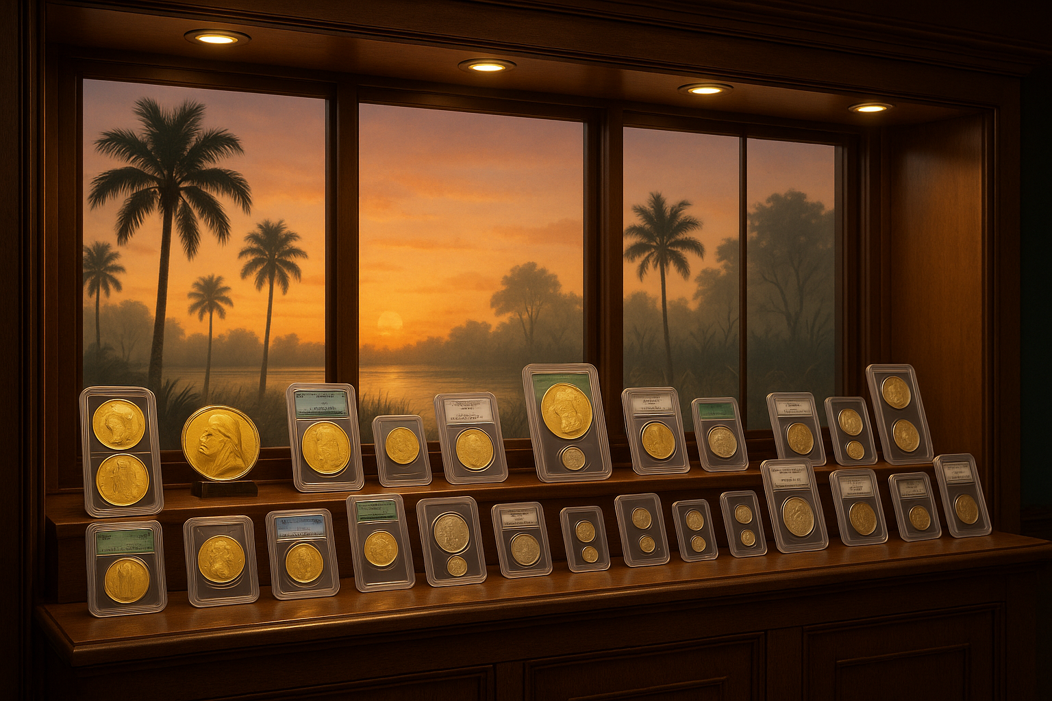 Wide selection of rare and valuable coins displayed neatly for collectors and investors in Florida.