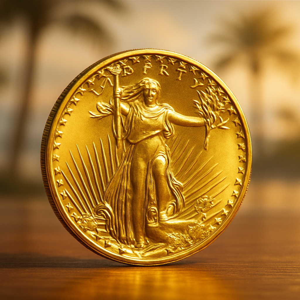 Close-up of a rare gold coin gleaming under showroom lights at our Collier County shop.