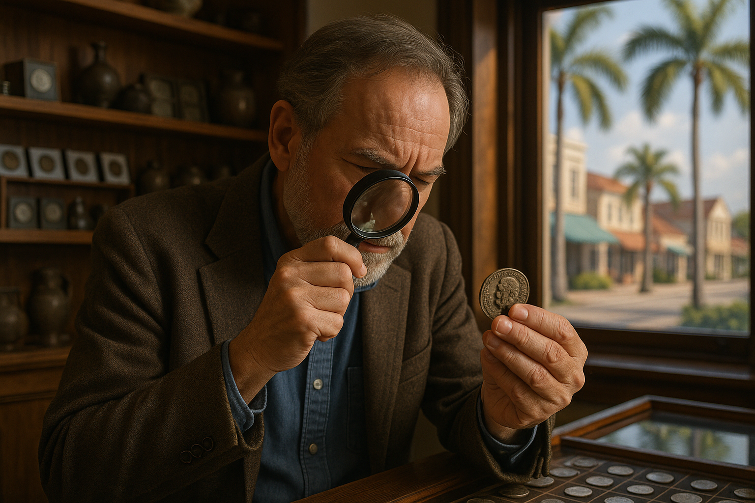 Experienced appraiser examining an antique coin with a magnifying glass, ensuring authenticity.