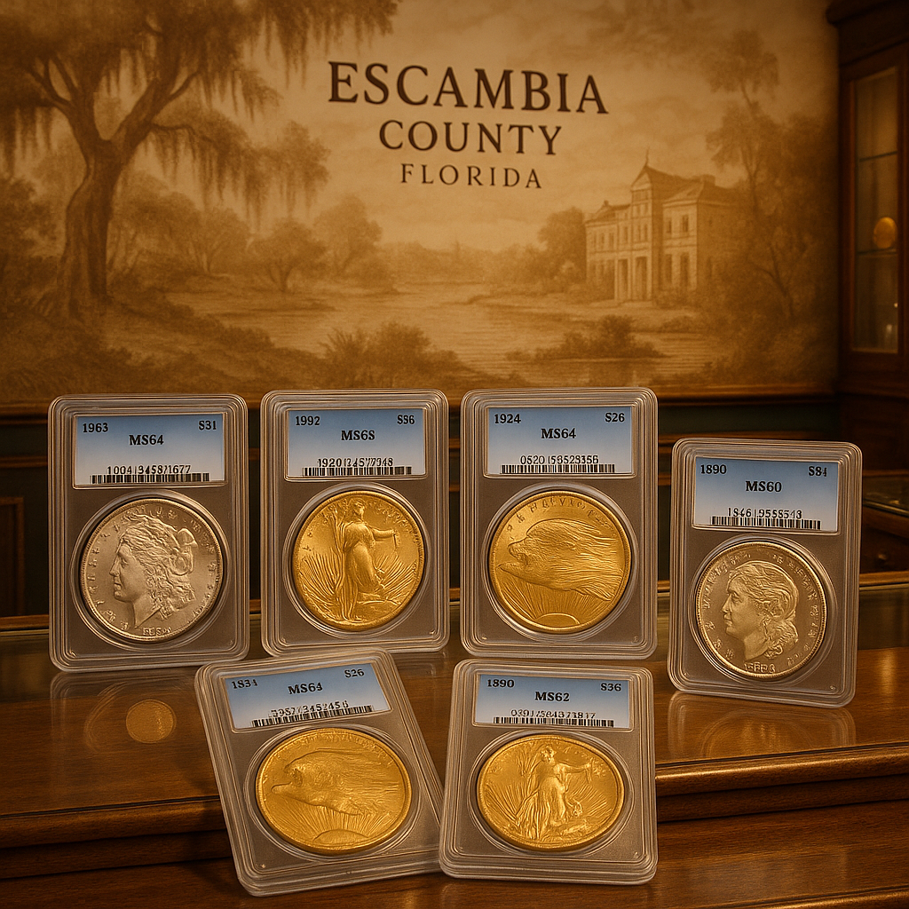 Curated display of rare coins available at Escambia County's trusted coin shop, ready to enrich your collection.