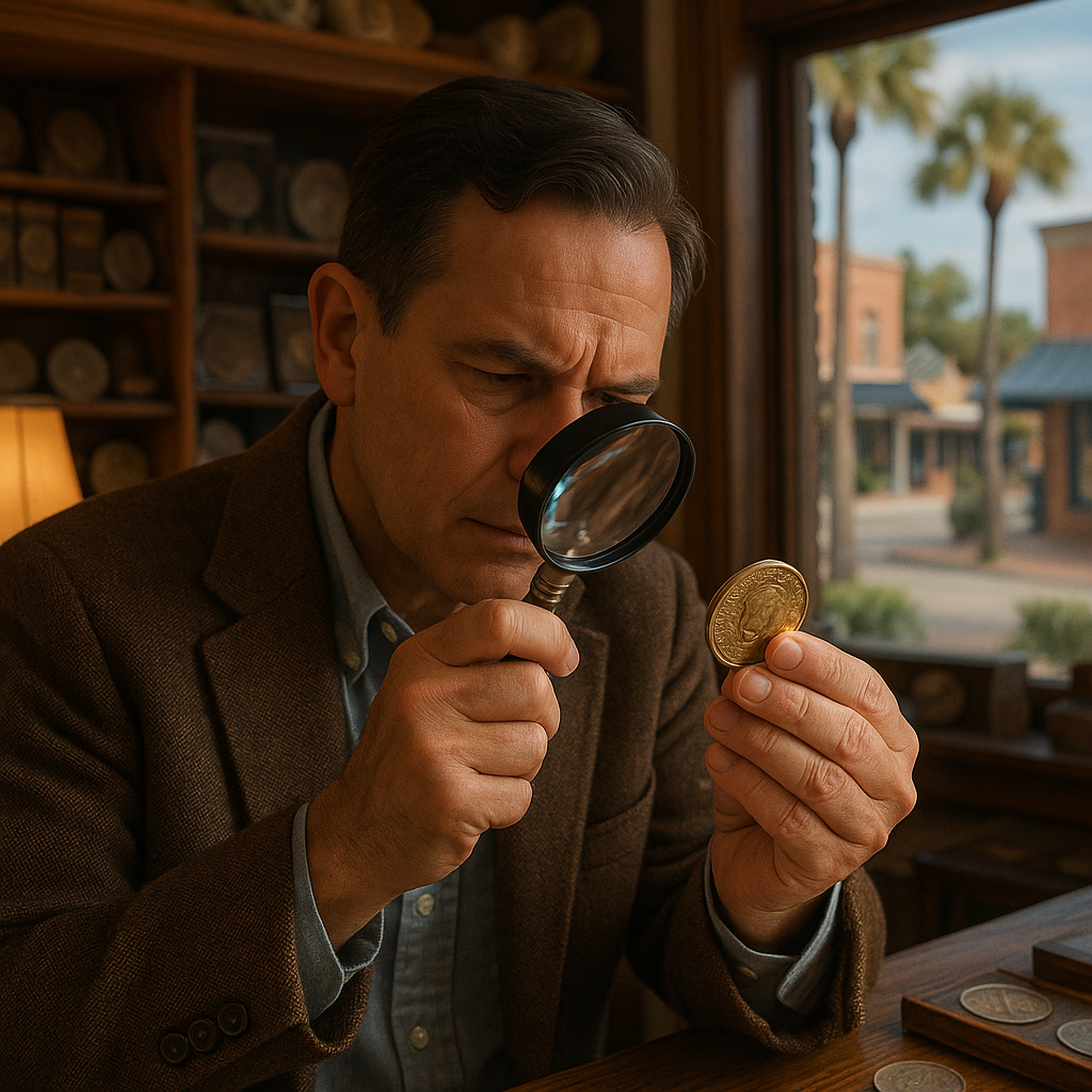 Expert appraiser examining a rare coin with a magnifying glass, providing trusted evaluations at Flagler County's coin shop.