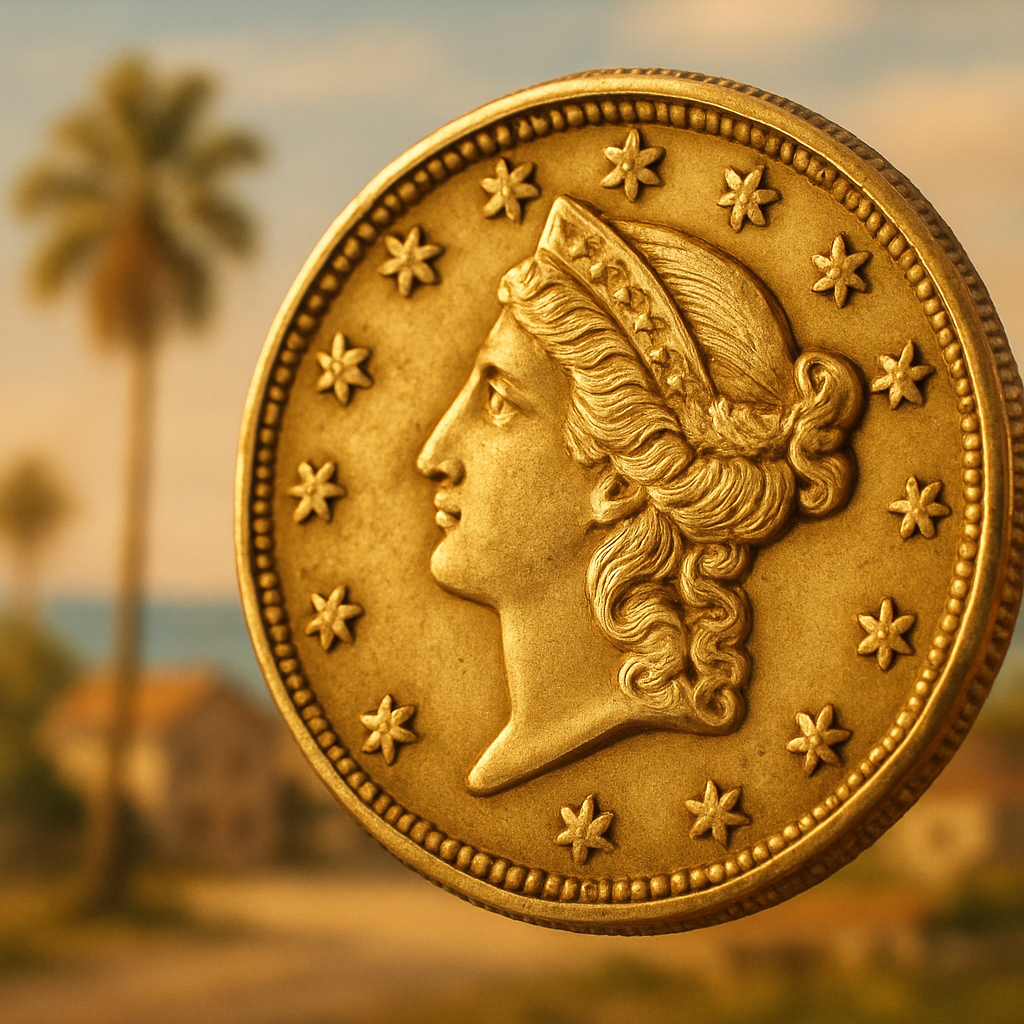 Close-up of a rare vintage gold coin showcasing intricate details and craftsmanship at Timeless Treasures Coins.