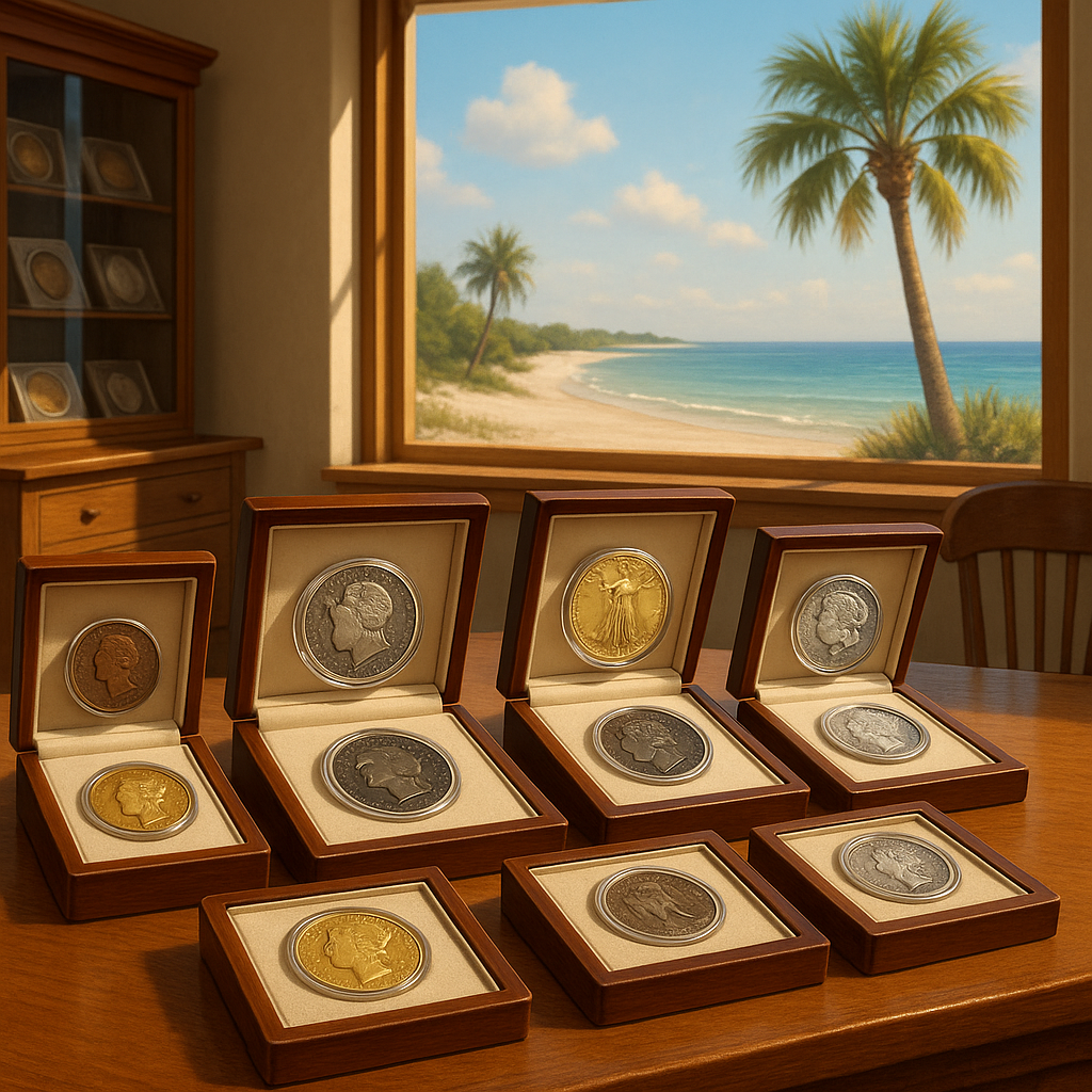 Display of diverse rare coins neatly organized, inviting collectors and enthusiasts in Bay County, Florida.