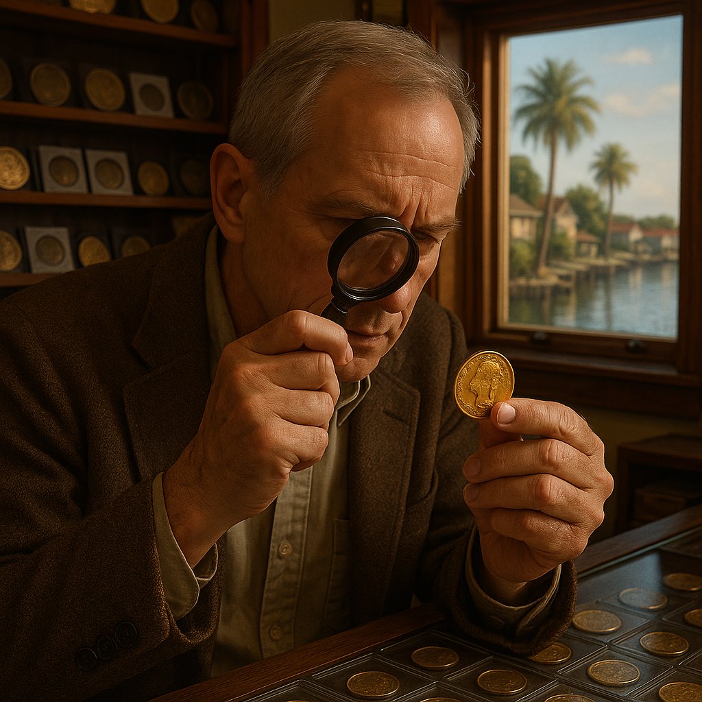 Expert appraiser examining a vintage gold coin under a magnifying glass in a Bay County coin shop.