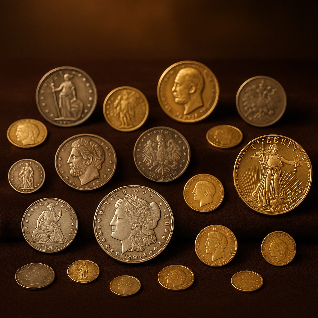 Display of a diverse collection of rare and valuable coins arranged elegantly, inviting new and experienced collectors to explore and discover.