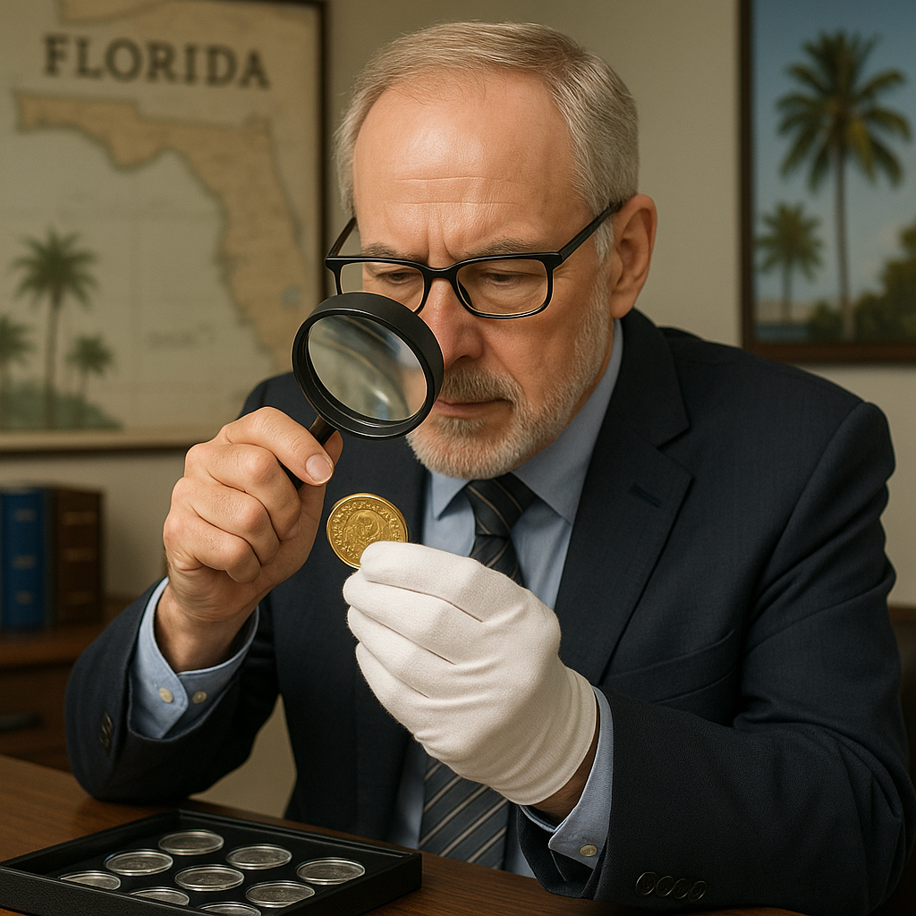 Expert appraiser examining a rare coin under magnification, highlighting personalized service and valuation at our Florida coin shop.