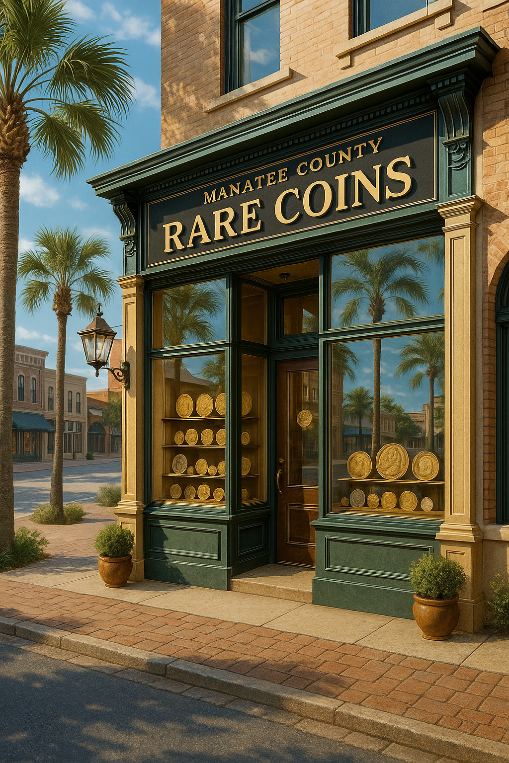 Discover the elegant storefront of Manatee County's premier rare coin shop, inviting collectors to explore a curated collection of historical and valuable coins.