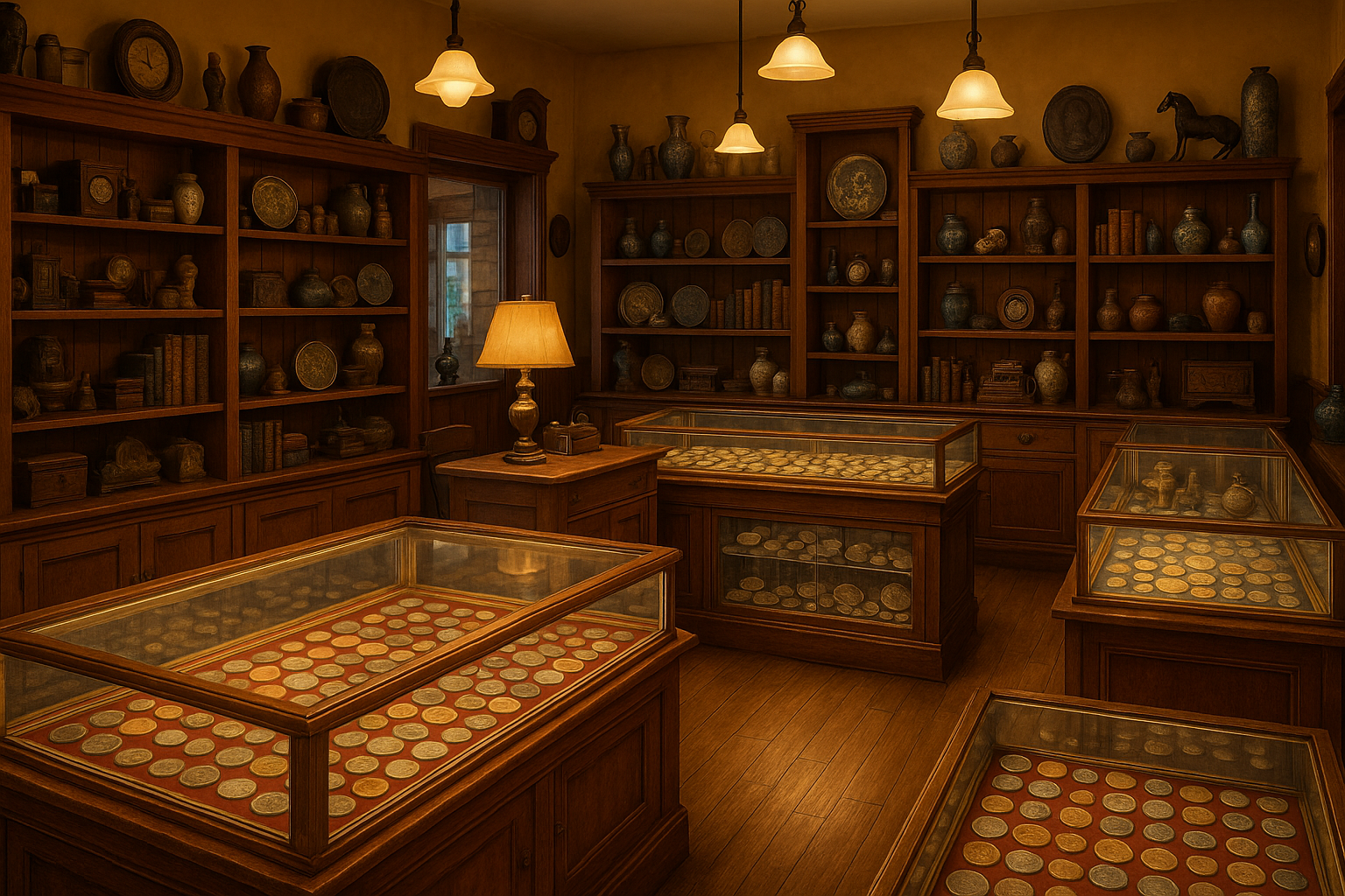 A vibrant shop interior filled with rare coins and timeless treasures inviting collectors to explore unique finds.