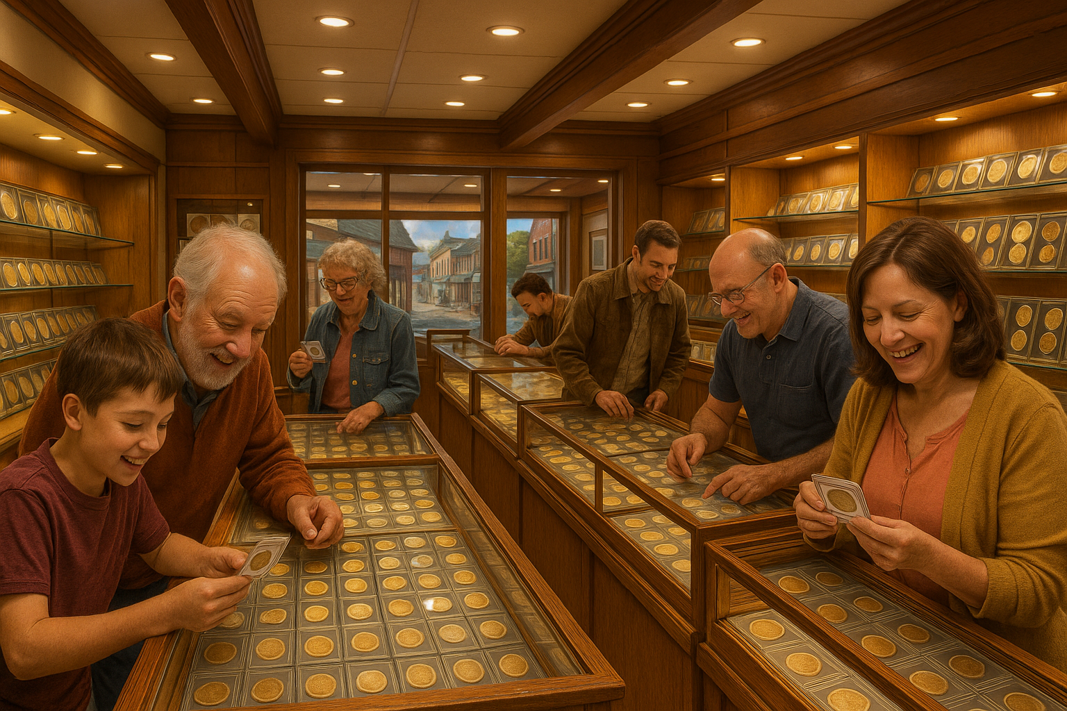 Happy customers browsing an extensive collection of collectible coins, ready to discover their next rare treasure.