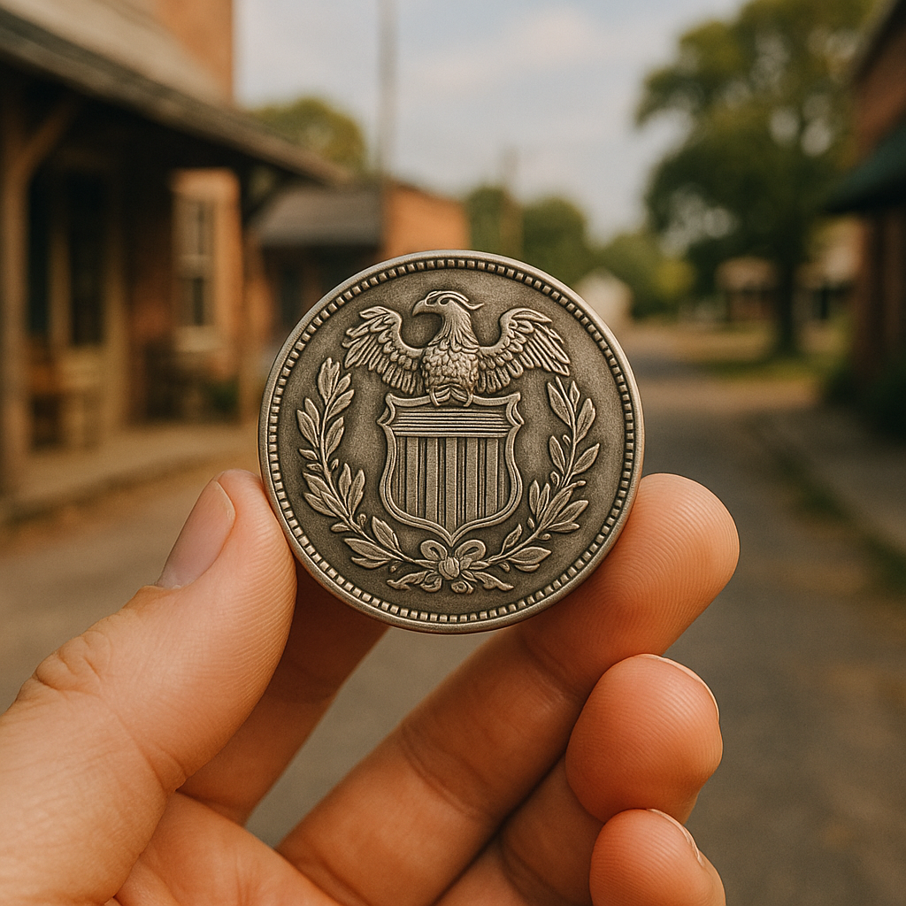 Close-up of a hand holding a rare vintage coin showcasing intricate details and craftsmanship.