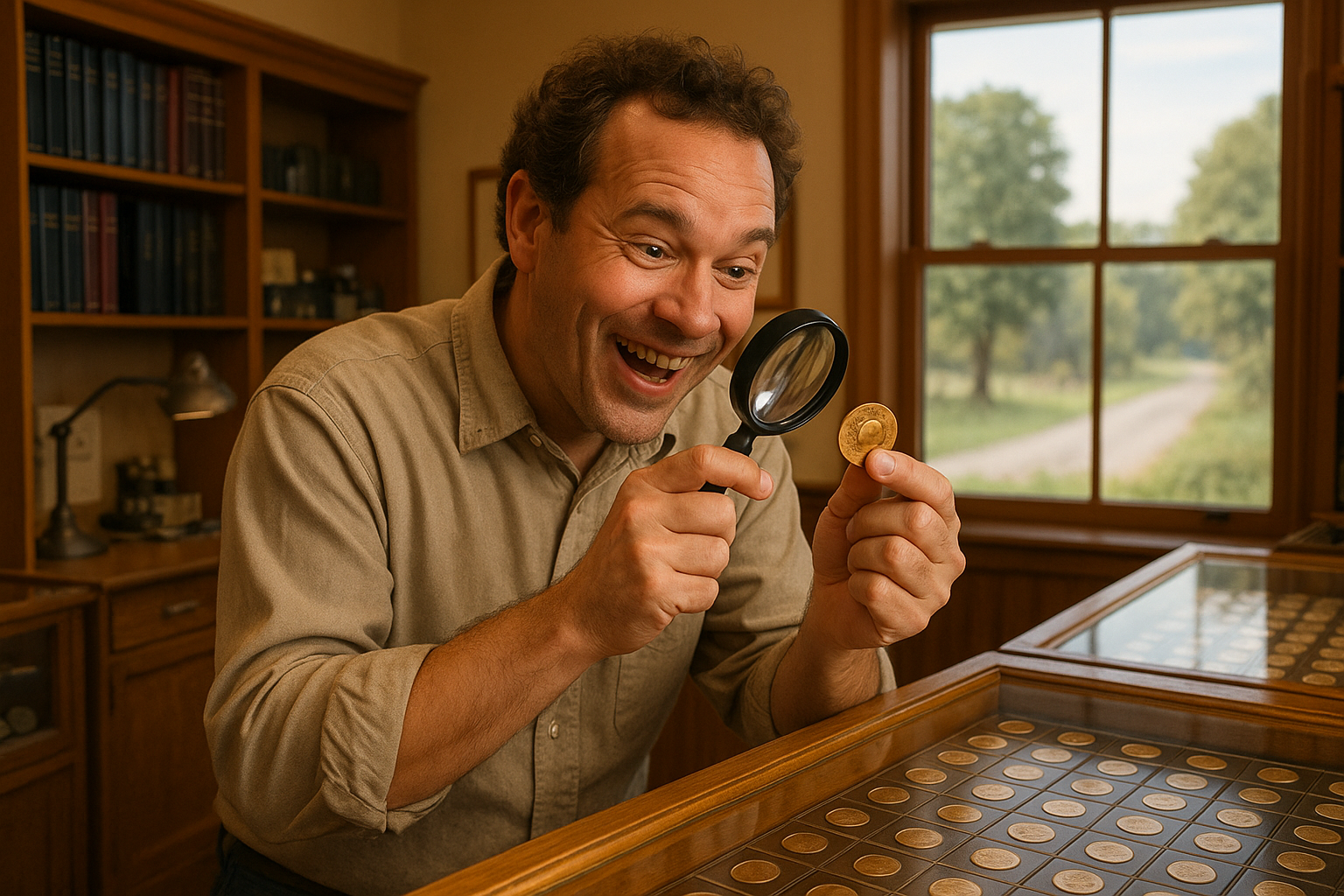 Happy customer discovering rare coins at DeSoto County's premier coin shop, ready to start their collection.