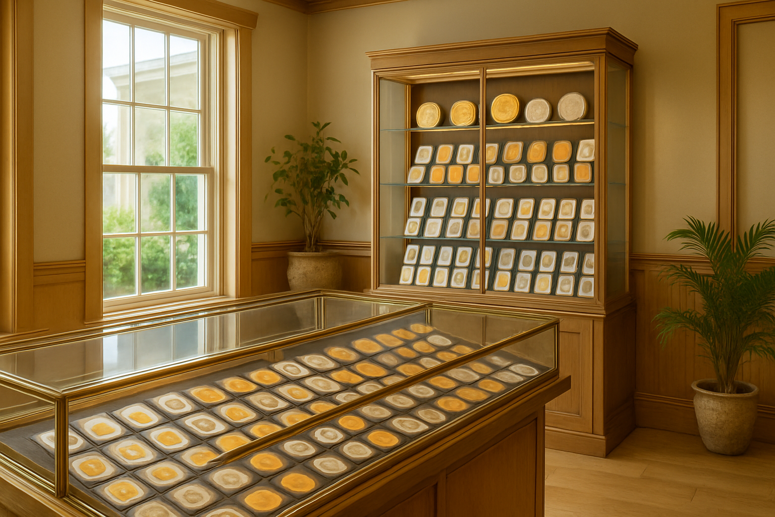 Elegant display cases filled with a variety of collectible coins, showcasing the exceptional range at Dixie County's premier coin shop.