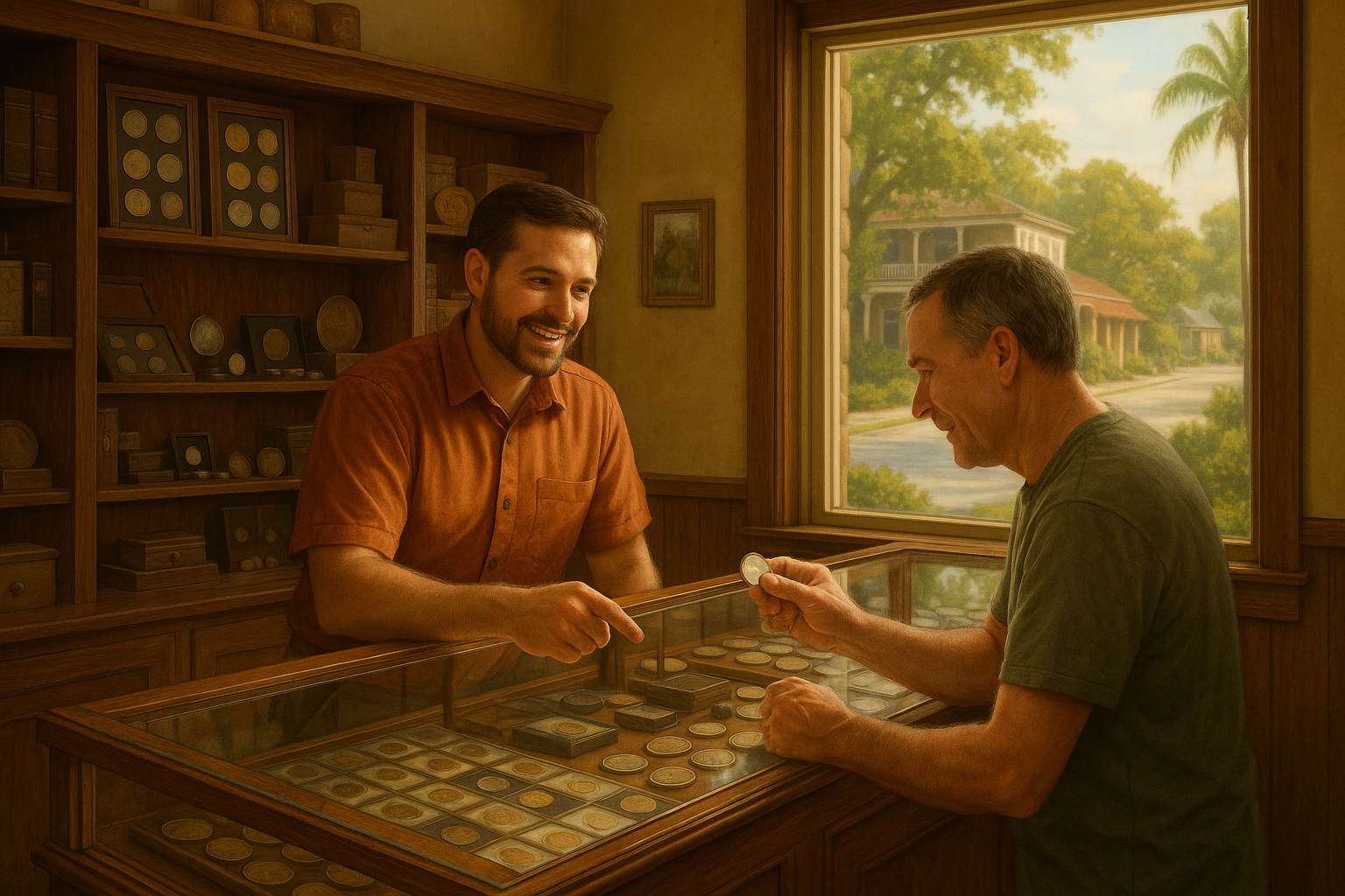 Friendly shop staff assisting a customer, demonstrating personalized service for coin enthusiasts throughout Florida.